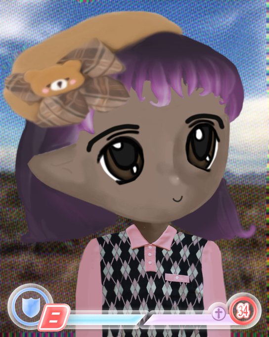 A screenshot of an animated cartoon character with purple hair wearing a beret with a bear design and an argyle vest, with game UI elements at the bottom including a shield icon, 'B', '+', and '34'.