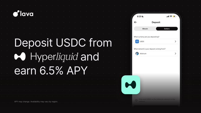 An advertisement for the Lava app stating 'Deposit USDC from Hyperliquid and earn 6.5% APY', showing a mobile interface with deposit options for Bitcoin or Dollars.