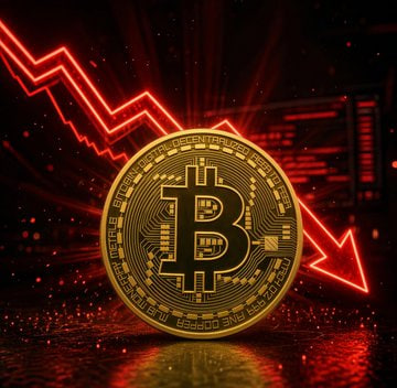 A gold Bitcoin token sits beneath a glowing red downward-trending chart, symbolizing Bitcoin's sharp drop below $77,000 amid uncertainty over the Clarity Act, which faces rejection by Democrats ahead of today's 2:15 PM ARG vote requiring 60 votes to pass.