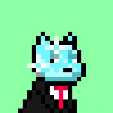 A pixel art character with a blue and white cat-like head wearing a black suit with a red tie against a green background.