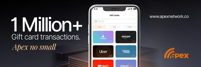 The image is a promotional banner for Apex Network showcasing a mobile app interface displaying various gift card options (iTunes, Amazon, Uber, American Express, YouTube TV, Walmart) under categories for Sell, Buy, and Trade. Bold text reads "1 Million+ Gift card transactions" and "Apex no small," with the website www.apexnetwork.co featured on the right.

The image relates to the post by visually supporting the speaker's frustration about jumping between multiple platforms for gift card transactions, presenting Apex as a streamlined, all-in-one solution that has already processed over 1 million gift card transactions—implying reliability and speed that addresses the speaker's pain points about slow rates and unresponsive support.