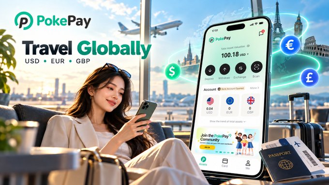 An advertisement for the PokePay app featuring 'Travel Globally' with USD, EUR, GBP support, showing a woman using her phone near an airport window and the app's interface.