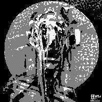 A heavily distorted, high-contrast black and white glitch-style image within a circular frame showing indistinguishable figures.