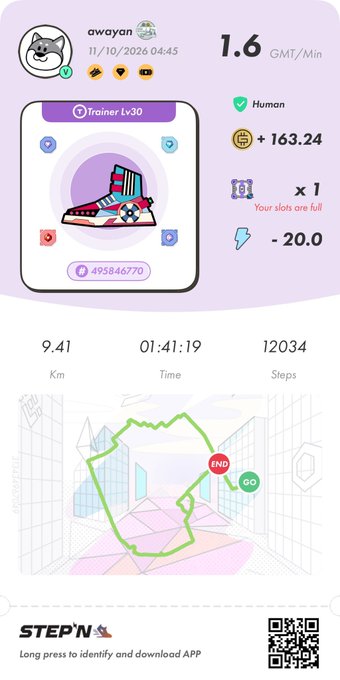 A STEP'N app screenshot shows a 'Trainer Lv30' sneaker, stats including 9.41 Km, 01:41:19 Time, 12034 Steps, GMT/Min 1.6, and earnings of +163.24.