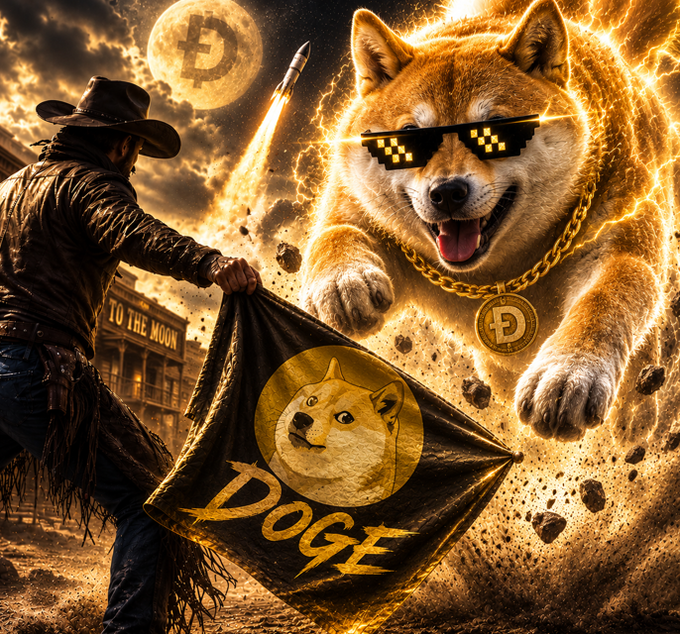 A cowboy unfurls a flag reading “DOGE” as a giant, lightning-wreathed Shiba Inu wearing pixel sunglasses leaps through the scene. Dogecoin symbols and a “TO THE MOON” sign reinforce the post’s message that “Doge is special, after all~.”