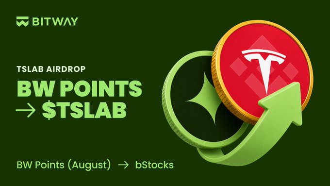 A promotional graphic for 'BITWAY' announcing a 'TSLAB AIRDROP' converting 'BW POINTS' to '$TSLAB', featuring 3D coin graphics with the Tesla logo on a dark green background.