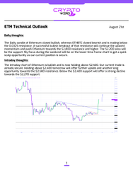 An 'ETH Technical Outlook' document dated August 7th discusses Ethereum's daily thoughts and intraday thoughts, accompanied by a price chart.