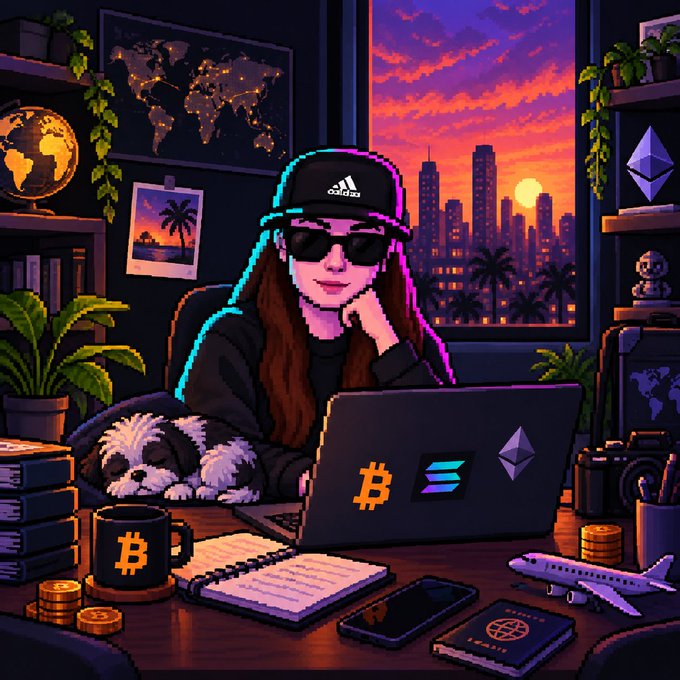 A pixel art illustration of a woman wearing an Adidas cap and sunglasses working on a laptop adorned with Bitcoin, Ethereum, and Solana logos, with a sunset city skyline visible through the window behind her.