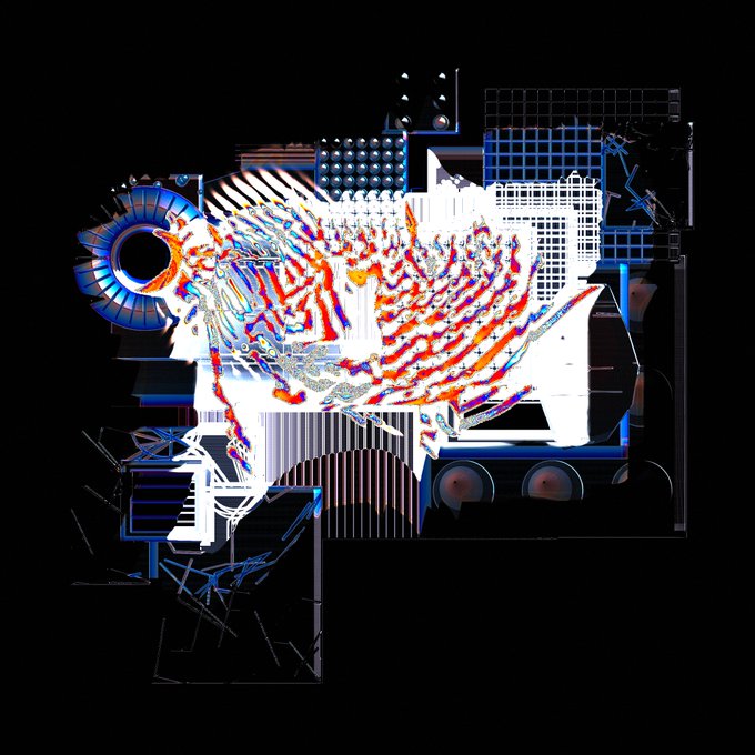 An abstract digital artwork featuring a colorful, textured fish-like shape composed of red, blue, and white pixels, overlaid on geometric architectural structures against a black background.