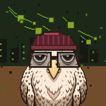 Pixel art depicts an owl wearing a red beanie and glasses standing before a green city skyline with falling green pixels.