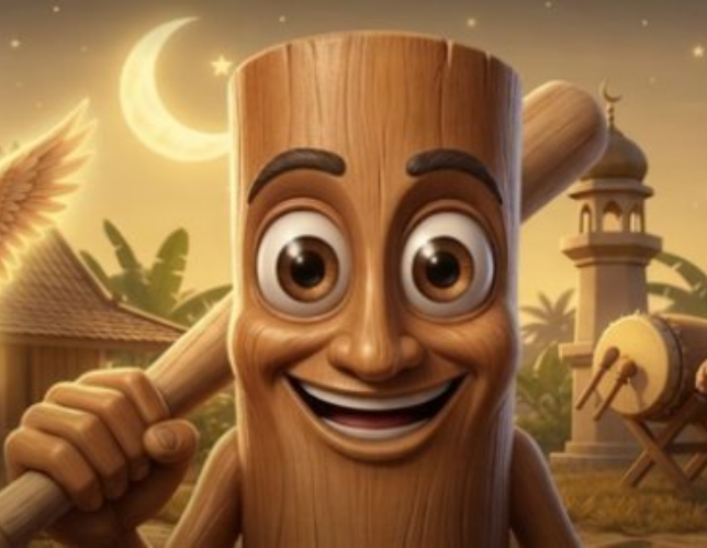 A 3D animated character of a smiling wooden log with a face, holding a stick, set against a nighttime scene with a crescent moon, mosque, and drum.