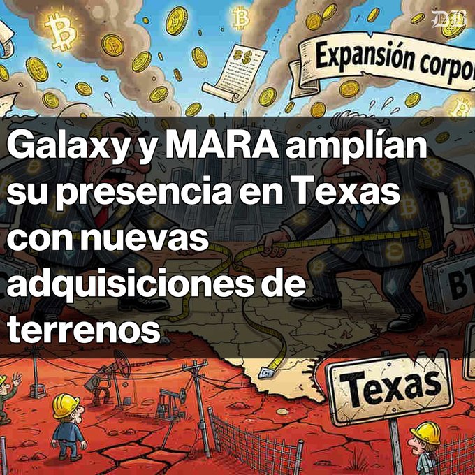 A cartoon-style graphic with the Spanish text 'Galaxy y MARA amplían su presencia en Texas con nuevas adquisiciones de terrenos' (Galaxy and MARA expand their presence in Texas with new land acquisitions), showing businessmen measuring land around a Texas sign with Bitcoin coins and oil pump workers.