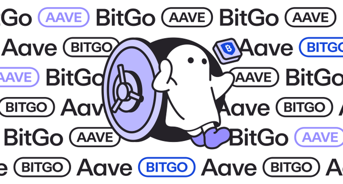 The image features a cartoon depiction of a ghost holding an open vault door, surrounded by various text elements related to cryptocurrency and digital assets. The text includes "Aave", "bitgo", "bittgo", "Aave", "bittgo", "bitgo", "Aave", "bittgo", "bitgo", "Aave", and "bittgo". These words are associated with the cryptocurrency industry, specifically related to institutions accessing Aave from BitGo. The image also includes a small illustration of a person wearing blue shoes holding a cell phone.