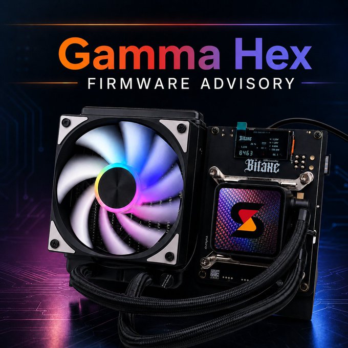 A Bitaxe Gamma Hex ASIC miner is displayed with its RGB-lit cooling fan and digital status readout, positioned beneath the bold heading "Gamma Hex Firmware Advisory." The image visually represents the hardware covered in the advisory, which notifies users that no firmware update is needed to begin mining and warns against flashing the device with the webflasher.