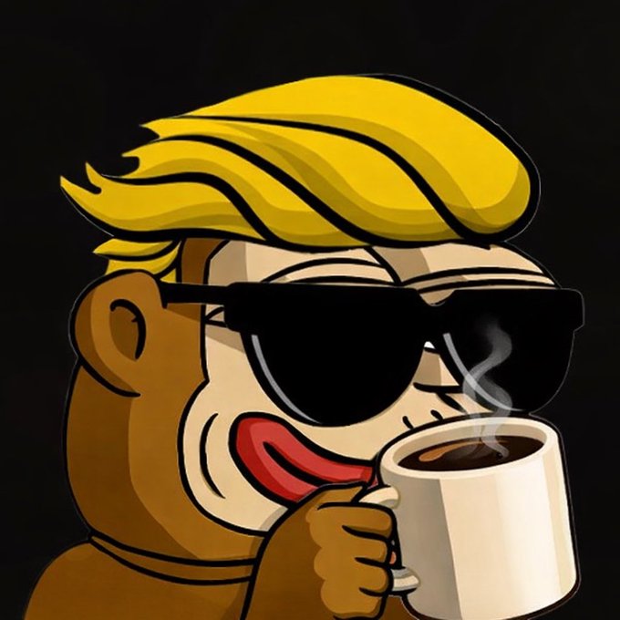 A cartoon illustration of a character with blonde hair and sunglasses holding a steaming white mug against a black background.