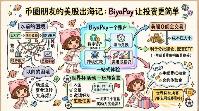 A cartoon-style infographic titled "币圈朋友的美股出海记：BiyaPay 让投资更简单" featuring a pink-haired character, illustrating how BiyaPay consolidates USDT, fiat exchange, cross-border remittance, and US/HK stock investing into one account for zero-fee US stock trading, alongside a World Cup event promotion offering mystery boxes and VIP tickets.