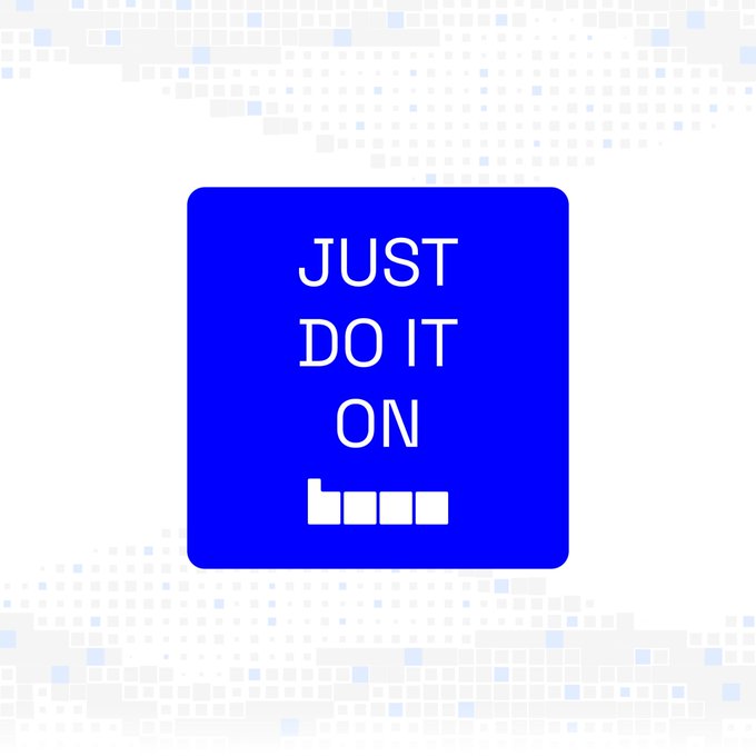 The image features a blue square with bold white text reading "JUST DO IT ON" above the Base blockchain logo, reinforcing the post's call to action by visually pairing the motivational phrase with the Base network's branding.