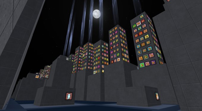 A stylized digital illustration of a nighttime cityscape with illuminated skyscrapers displaying colorful windows, set against a dark sky with a full moon and light beams.