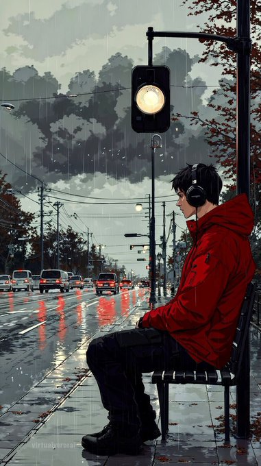 A solitary figure in a red hooded jacket and headphones sits on a bench at a rainy bus stop under a glowing traffic light, gazing down a wet street with cars. The melancholic, atmospheric scene mirrors the post's weary "touching grass" mood—after endless hours doomscrolling CT (crypto Twitter), even a real-world night feels heavy and gray.
