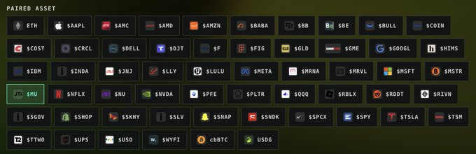 A grid of "PAIRED ASSET" icons displays various cryptocurrency and stock ticker pairings including ETH, AAPL, AMC, AMD, AMZN, BABA, SBB, SBE, SBULL, SCOIN, SOST, SCRCL, SDELL, DJT,, SFIG, GOLD, SGME, GOOGL, SHIMS, IBM, $INDA, $JNJ, $LLY> LULU, META, MRNA, MRVL, MSFT, MSTR, SMU (highlighted in green), $NFLX, $NU, $NVDA, PFE, PLTR, QQQ, RBLX, RDDT, RIVN, $SGOV, SHOP, $SKHY, $SLV, SNAP, $SNDK, $SPCX, $SPY, $TSLA, $TSM, $TTWO, $UPS, $USO, $WYFI
