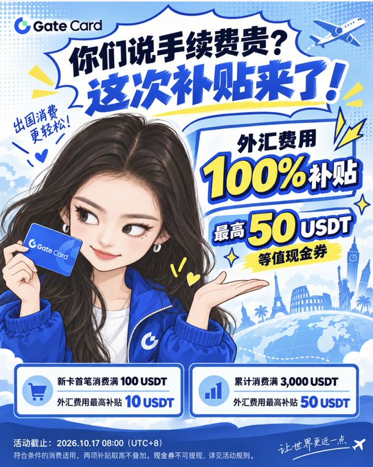 A promotional advertisement for Gate Card features a stylized illustration of a woman holding a card, with Chinese text announcing a foreign exchange fee subsidy of 100% up to 50 USDT, with event details ending October 17, 2026.