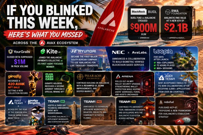 A recap graphic titled 'IF YOU BLINKED THIS WEEK, HERE'S WHAT YOU MISSED,' summarizing news from the AVAX ecosystem, including Avalanche RWA, Hyundai, Loople, and other projects.