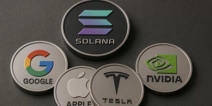 A close-up photograph of physical tokens arranged on a dark surface, featuring branded coins for Solana, Google, Apple, Tesla, and NVIDIA.