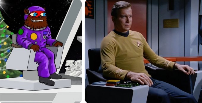 The image is a side-by-side comparison: on the left is a cartoon bear in a purple space suit sitting in a captain's chair, with a "50" visible in the background, and on the right is Captain Kirk from Star Trek: The Original Series in his gold uniform at the helm of the Enterprise. The caption's reference to reaching the moon and achieving dreams ties both visuals together, as both the animated bear and Captain Kirk symbolize the adventurous, aspirational spirit of space exploration and boldly going where no one has gone before.