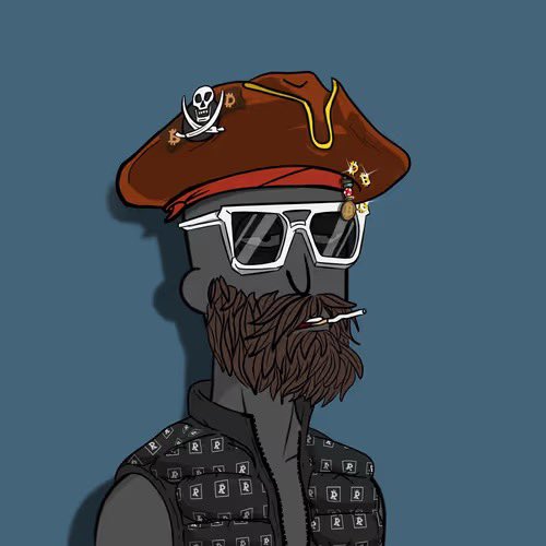 A stylized illustration shows a rugged bearded man in sunglasses, a pirate hat with skull-and-crossbones pins, and a patterned vest. It serves as a character avatar for a post saying, “Good morning guys I’ll be exploring $HBAR today and you all can join me”; no other text, numbers, or tickers are visible.