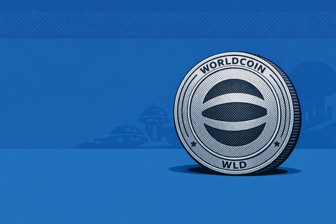A digital illustration of a silver coin featuring the Worldcoin (WLD) logo against a blue background with a faint cityscape silhouette.