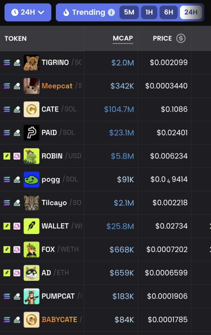 A cryptocurrency tracking app showing trending tokens over 24 hours, including TIGRINO, Meepcat, CATE ($104.7M), PAID ($23.1M), ROBIN ($5.8M), and several cat-themed meme coins like Tilcayo, PUMPCAT, and BABYCATE.