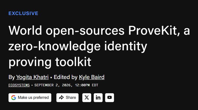 An article headline reads 'EXCLUSIVE: World open-sources ProveKit, a zero-knowledge identity proving toolkit' by Yogita Khatri, edited by Kyle Baird, dated September 2, 2026.