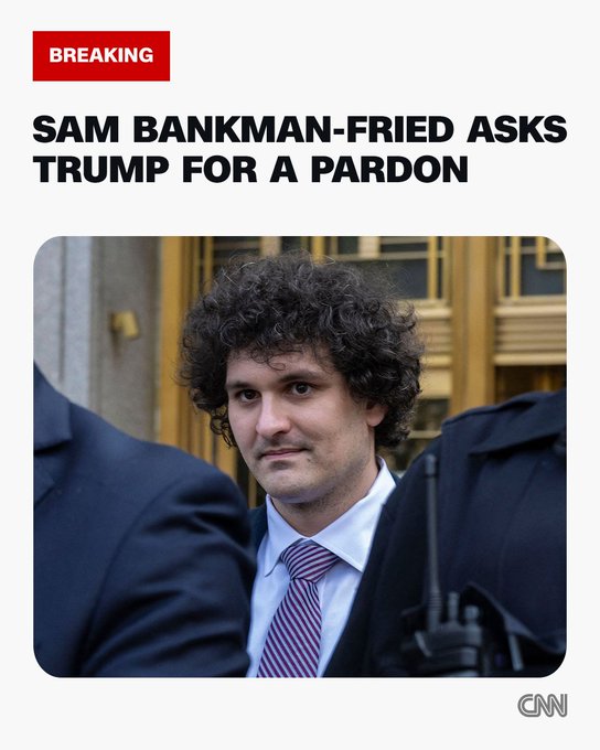 The image features a person with curly hair wearing a suit and tie, standing next to an interview with CNN on its cover. The text of the article refers to Sam Bankman-Fried, who was recently interviewed by CNN. The headline reads "Sam Bankman-Fried Asked Donald Trump for a pardon this week." The article states that Sam Bankman-Fried asked President Trump for his pardon and emphasizes that whatever happens to his sentence, the lesson he taught is permanent and costs nothing.