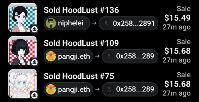 A screenshot displays recent NFT sales of 'Sold HoodLust' items (#136, #109, #75) at prices ranging from $15.49 to $15.68, with transfers from addresses 'niphelei' and 'pangji.eth' to '0x258...2891'.