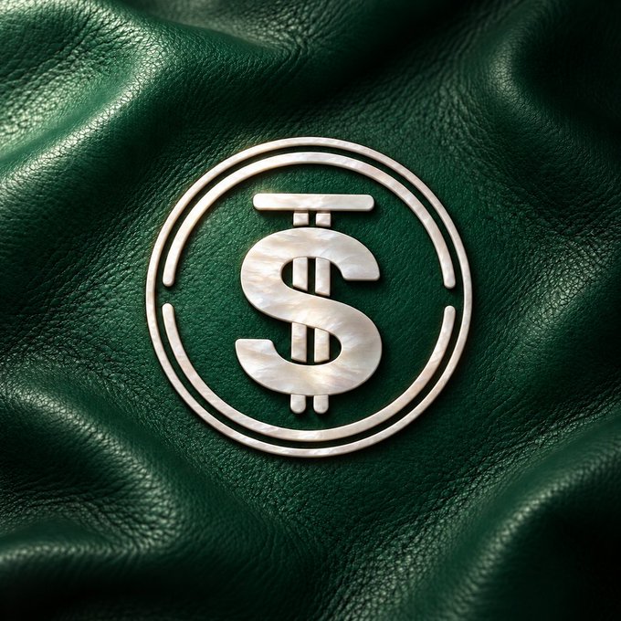 A metallic dollar sign symbol is encased within a circular frame on a dark green leather background.