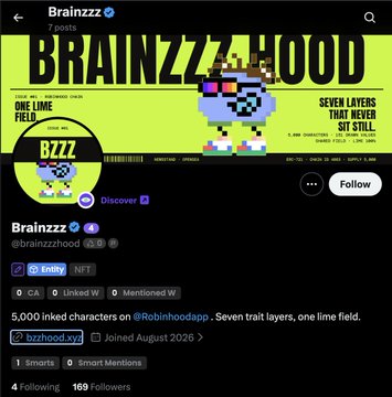 A profile page for the Twitter/X account 'Brainzzz' (@brainzzzhood), featuring a bright yellow banner that reads 'BRAINZZZHOOD' with the tagline 'SEVEN LAYERS THAT NEVER SIT STILL'.