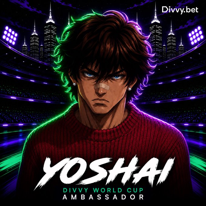 The image features a man with spiky hair wearing a red sweater, standing against a dark purple background with neon lights. The text "Yoshai" is written below him, and there are also words related to sports and betting visible on the image.