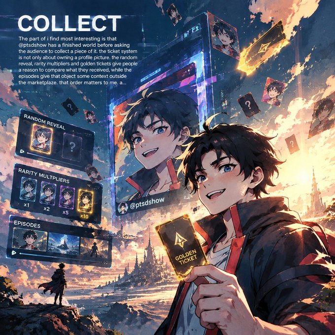 An anime-style promotional graphic titled "COLLECT" for @ptsdshow featuring a dark-haired character holding a golden ticket, with panels for "RANDOM REVEAL", "RARITY MULTIPLIERS", and "EPISODES".