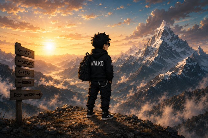 Motivational digital artwork of a person labeled 'WALKO' standing on a mountain peak at sunset, looking toward a signpost with arrows pointing to 'PAST', 'BAGGAGE', 'FEAR', 'DOUBT' behind, and 'KEEP WALKING' ahead.