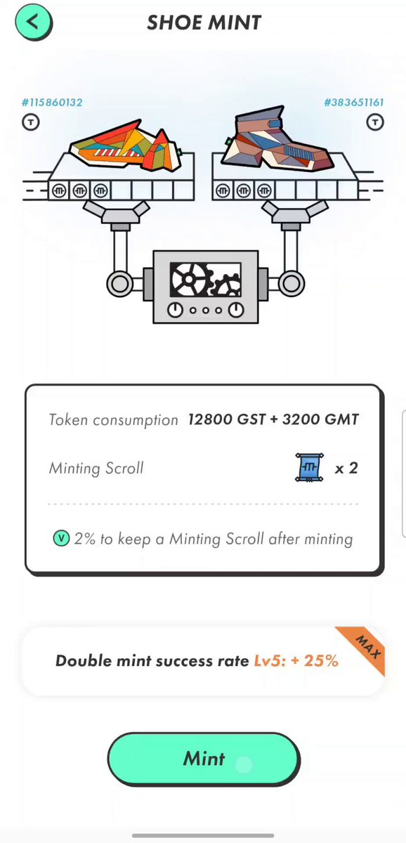 An image of a white phone screen with a green button that says Mint. The screen displays information about buying shoes, including a list of shoe types available at a virtual store or factory where they can be produced from raw materials such as metal, plastic, rubber, and leather. A button is also labeled "Double Mint Success Rate:lvr:%", suggesting there's an additional option to try two pairs of shoes instead of one when purchasing them with the mint code provided. The main focus of the image appears to be the shoe minting process that has been described in detail on the screen.