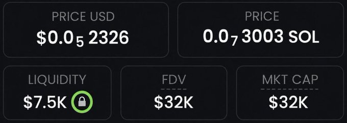 A crypto memecoin dashboard showing a token priced at $0.0₅2326 (0.0₇3003 SOL) with $7.5K locked liquidity, $32K market cap, and $32K FDV—aligning with the post's promotion of a new low-cap memecoin opportunity.