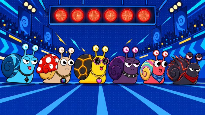 An illustration of seven cartoon snails with various accessories standing in front of a stage with red lights.