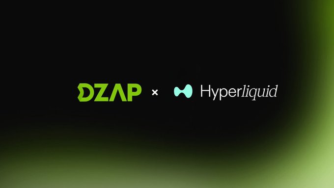 A graphic displaying a partnership or collaboration between 'DZAP' and 'Hyperliquid' with an 'x' between their logos on a black background with green gradient edges.