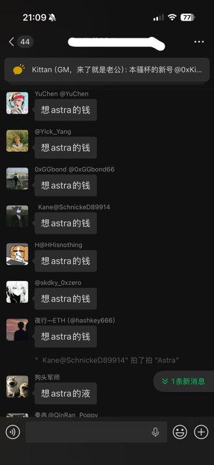 A Discord chat screenshot with multiple users posting the same message '想 astra 的钱' (Want astra's money), with a pinned message noting 'Kane@SchnickeD89914' placed a bid on 'Astra'.