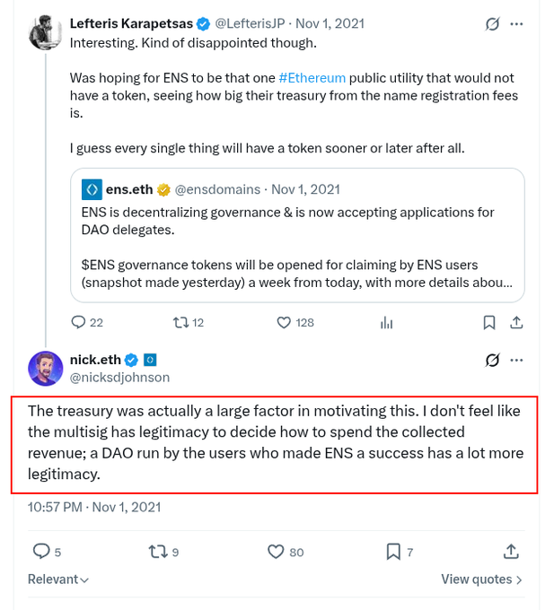 A Twitter/X thread from November 1, 2021 showing Lefteris Karapetsas (@LefterisJP) and nick.eth (@nicksdjohnson) discussing ENS governance and DAO token claims, with nick.eth's reply highlighted in a red box about treasury legitimacy for ENS users.