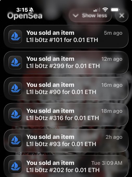 OpenSea mobile app notification screen showing multiple 'You sold an item' alerts for 'L1I b0tz' NFTs (including #101, #299, #90, #316, #93, #202), each sold for 0.01 ETH.