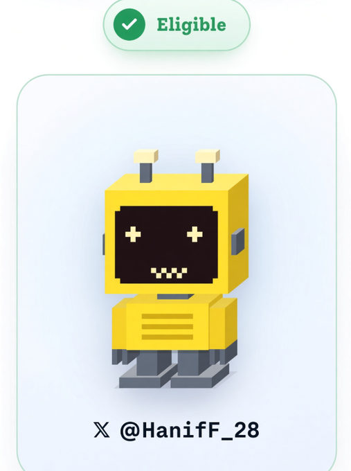 A digital eligibility card for "CONSO BOTS" showing an "Eligible" status with a green checkmark, featuring a yellow 3D robot character and the X handle "@Haniff_28".