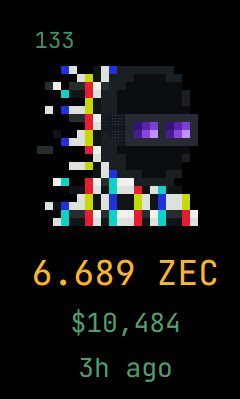 A pixel art NFT (#133) displaying a colorful, glitchy skull character, sold for 6.689 ZEC ($10,484) 3 hours ago.