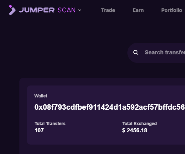 A screenshot of the Jumper Scan platform displaying a wallet address beginning with 0x08f793cdfbf... alongside stats showing 107 total transfers and $2456.18 total exchanged.