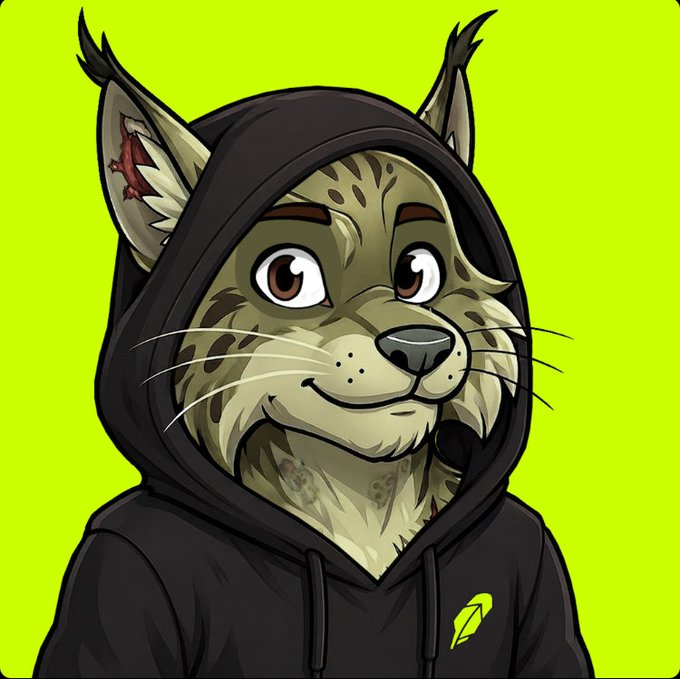 A cartoon lynx or wildcat character with brown eyes wearing a black hoodie, displayed against a bright green background with a small green logo on the chest.